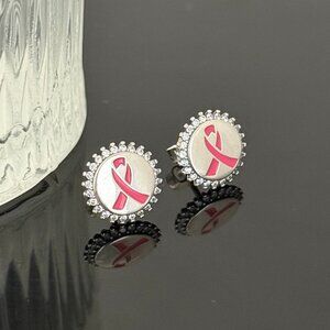 Pink Ribbon Bling Earrings S925 Sterling Silver Handmade Ear Stud